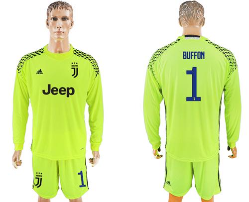 Juventus #1 Buffon Shiny Green Goalkeeper Long Sleeves Soccer Club Jersey - Click Image to Close